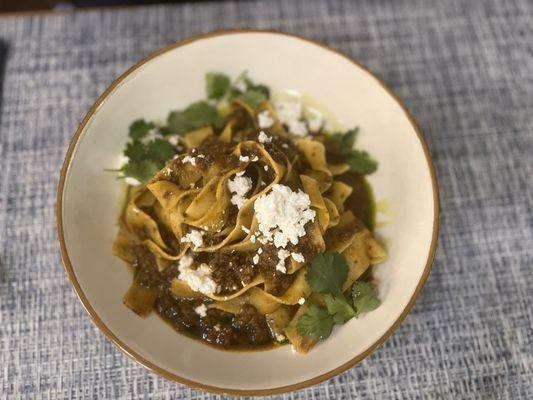 Beef Masala Ragu Pappardelle with goat cheese