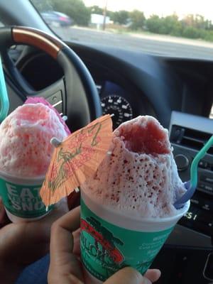 Pink lemonade shaved ice with cream and sour strawberry shaved ice with cream