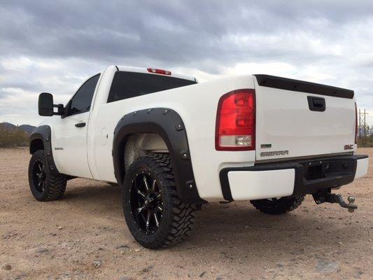 2010 Chevy with new wheels/tires/leveling kit and upgraded fender flares from James Tire. Another happy customer from Phoenix!