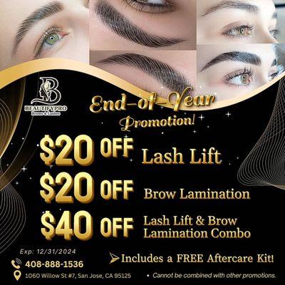 Browslamination $ Lash Lift combo $40 discount end December 31/2024 . Call appointment now 408-888-1536 .