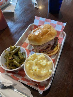 Pulled Pork sandwich meal with green beans and Mac and cheese