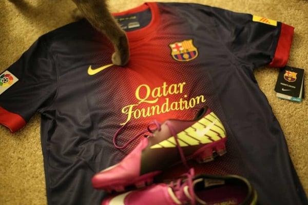 Barcelona jersey and Nike Mercurial got from Newport Soccer. Picture took with kitty Muji at home.