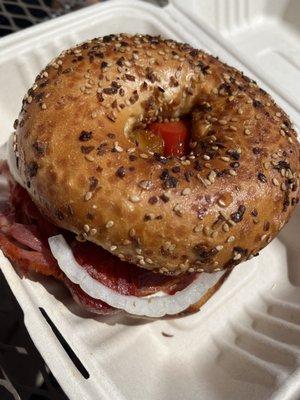 capicola, provolone, onion, & roasted red peppers on an everything bagel (bagel provided by me, not sold here)