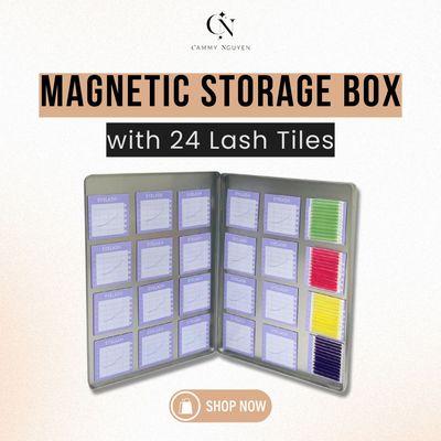 Magnetic storage box holds and comes with 24 lash tiles