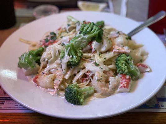 Seafood Alfredo with broccoli