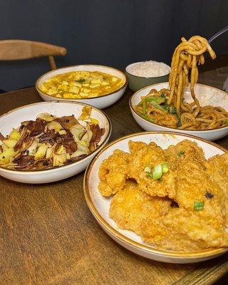 Braised Tofu with Crab Meat, Pork Belly in Hot Sauce, Shanghai Stir Fried Thick Noodle, Salted Duck Egg with Fish Fillet