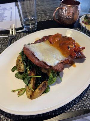 Breaded Pork Saltimbocca with prosciutto, sage pesto, spinach, fontinella cheese, fingerlings, red pepper marsala