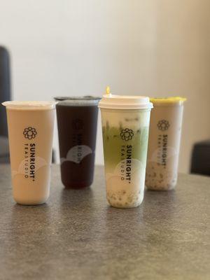 Roasted oolong Milk Tea, roasted oolong, matcha oat Latte w Cheese Foam & Roasted oolong MT w Crystal boba 09.18.24