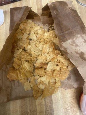 Ordered Large back of chips and 3/4 of the bag contained broken, smushed, greasy chips! Not cool!