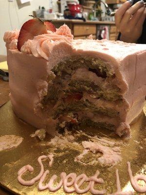 Beautiful layers of strawberry vegan, gluten free, & almond free cake.