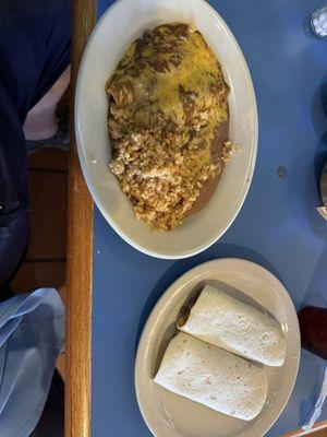 Burrito dinner with beef enchiladas rice and beans