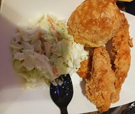 Spicy tenders which were super dry :( coleslaw and blhoney butter biscuit which was also dry:( boooo