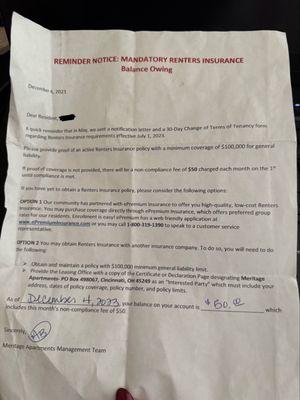 $50 bill notice since "we canceled our renters insurance "