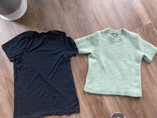 Shrunken alpaca sweater was the same size and length as the black t-shirt before dry cleaning