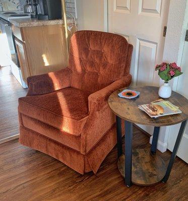 Chair from 1972, reupholstered to look good as new! LOVE IT.