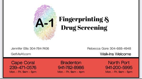 Now serving Manatee, Sarasota & Lee Co's. Please call us or stop in for livescan fingerprinting, drug testing or DNA testing.