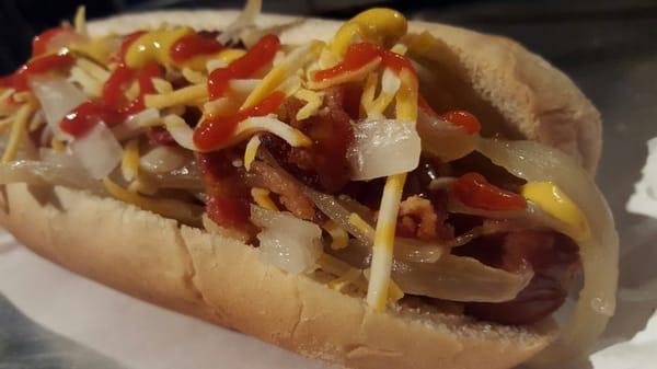 Bacon carmelized onions shredded cheese bbq sauce mustard and sriracha