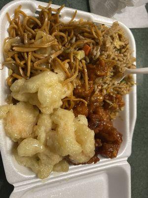 Fired rice chow mien butter shrimp and orange chicken