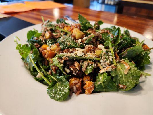 Baby Kale salad, with roasted butternut squash, roasted parsnip, almonds, brown rice and house made salad dressing.