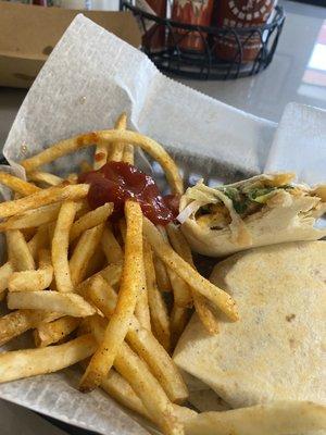 Fried "fire cracker" shrimp wrap and fries