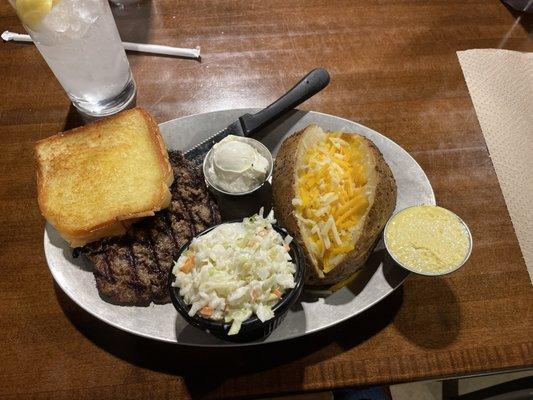 Cowboy Brisket Hamburger steak with baked potato and slaw