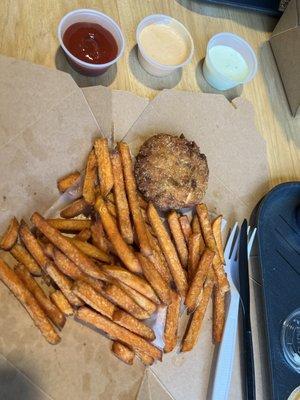 Salmon cake with sweet potato fries