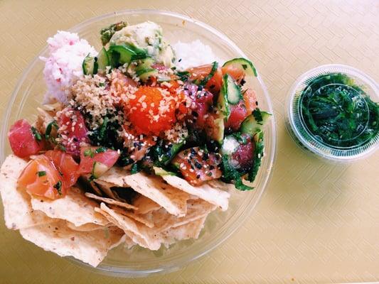 regular bowl ($8.75) | half white rice & half chips | 2 salmon, 1 tuna | house sauce // seaweed salad (free w/ check-in)