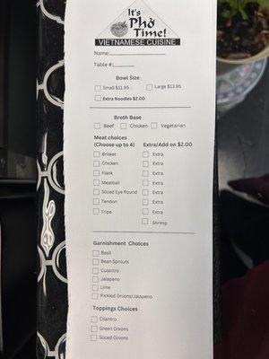 Pho order sheet