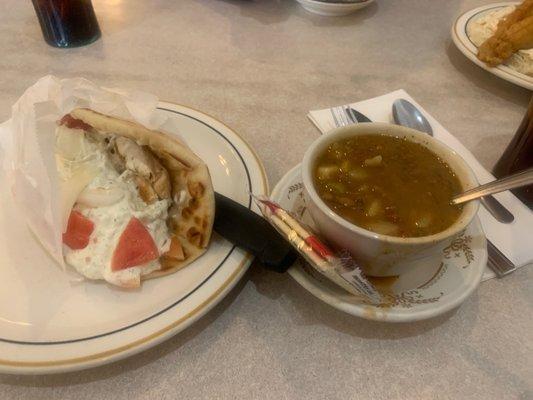 Lentil soup and chicken gyro