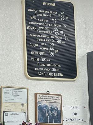 Cash or checks only. Price menu as of 1/23