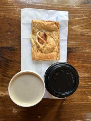 Peaches and Cream Cheese Tart, latte with almond milk, Honey Lavender Latte with almond milk