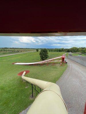 Top of silo playground. Giant potato sack slide.