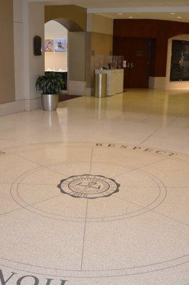 Kinkaid Foyer for Student Life Building with Kinkaid Seal on the floor