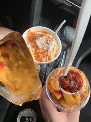 Hot Cheetos with nacho cheese , corn in the cup & mangonada