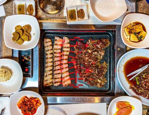 Pork Belly, Marinated Beef Bulgogi and banchan.