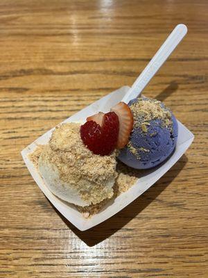 Vanilla and Ube ice cream with peanut brittle topping