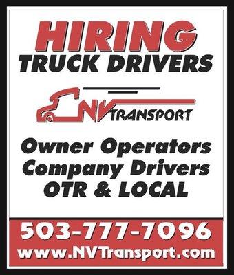 NV Transport is hiring owner operators company drivers otr and local