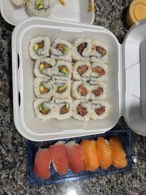 Spicy tuna, Salmon Roll and Tuna/Salmon Nigiri