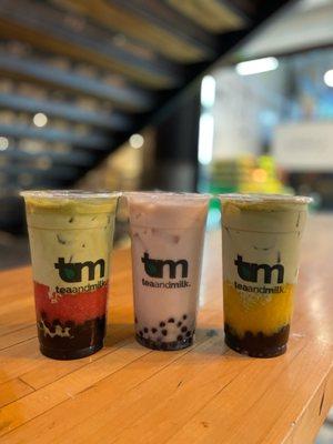 Strawberry Matcha Latte, Signature Taro Root Milk Tea, Peach Matcha Latte