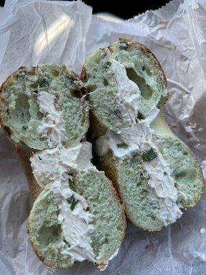 spinach bagel toasted with scallion cream cheese