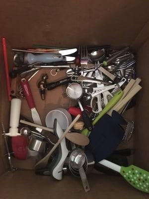 Silverware and cooking utensils/misc kitchen items thrown in bottom of box.