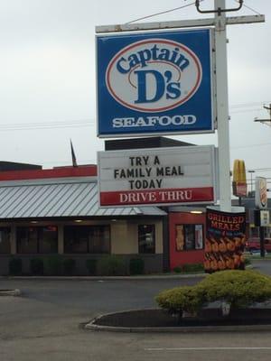 Sign for Captain D's. Friendly atmosphere, polite, and helpful.