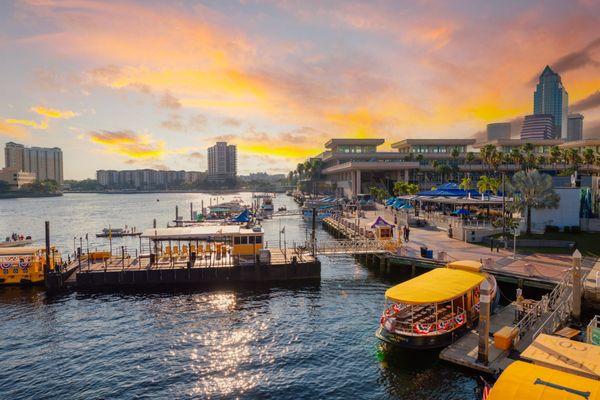 Tampa Convention Center and the Tampa Convention Center marina at sunset