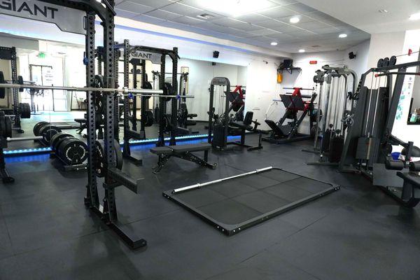 Main Gym Floor with 3 squat racks, deadlift platform, and machines