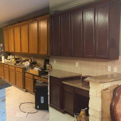 Kitchen cabinet refinishing before and after pic