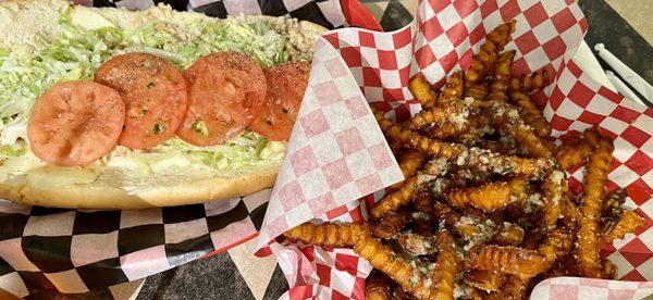 Chicken cheesesteak and garlic sweet potato fries