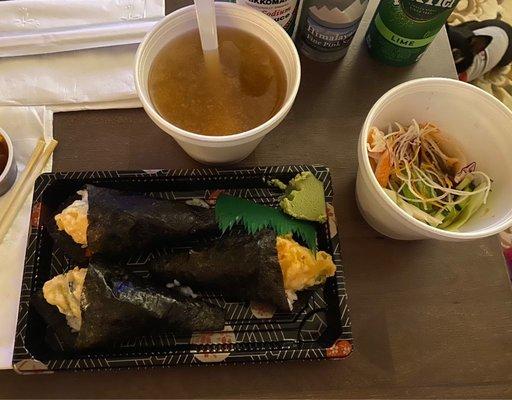 Texan hand rolls (with seaweed instead of soy paper), miso soup, shrimp & crab sonomono salad.