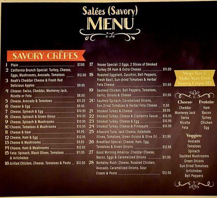 Savory crepes menu