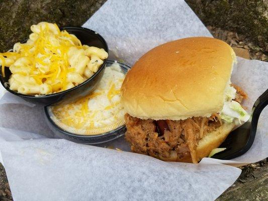 Root beer pork with slaw, mac n cheese and potato salad sides