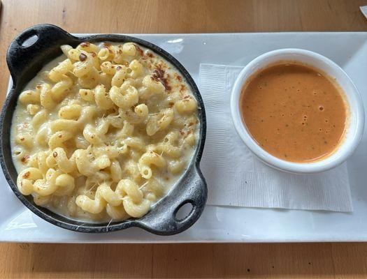 Baked Dubliner Mac & Cheese and side of tomato soup.  Yummy cheese sauce and spicy, creamy soup. Best Mac & cheese ever!